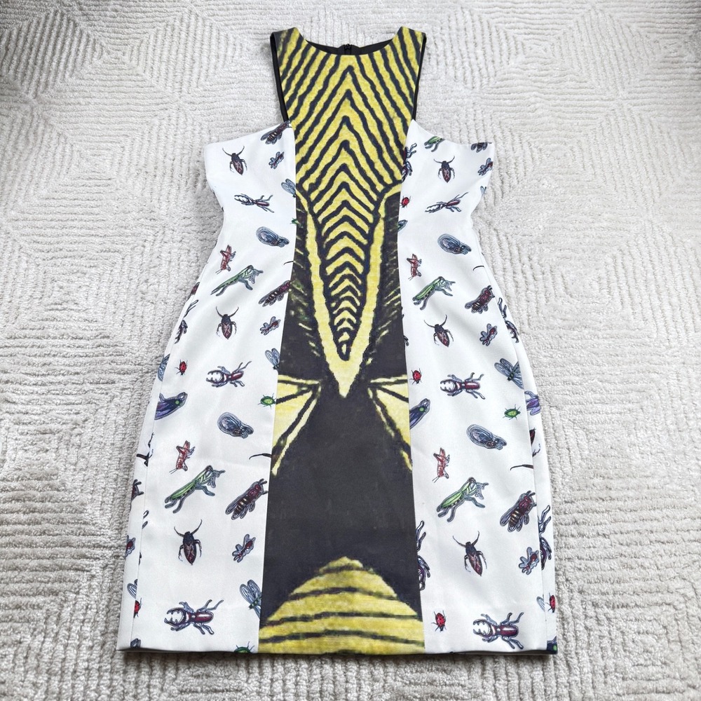 Angelys Balek Insect Print Dress Women's 4 White Silk Cotton Avante Garde Shift